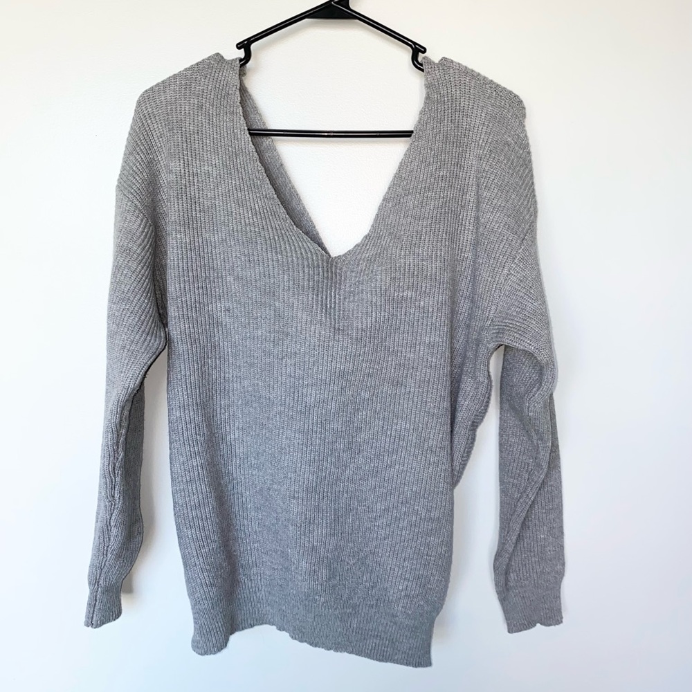 Grey V Neck Crisscross Reversible Knit Sweater